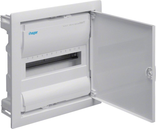 Rozdzielnica podtynkowa z drzwiami metalowymi, 1 rząd, 12 modułów, IP30, QC, HAGER Volta VU12AT - 2741965