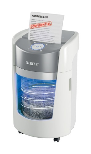 Niszczarka Leitz IQ OptiMax Small Office 350, 22l, P5, 8 kartek, Automatyczny Start/Stop, Funkcja cofania, Obrotowy pojemnik - 33% większa pojemność na ścinki - 2781680