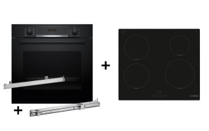 Zestaw piekarnik BOSCH HBA514BB3 + prowadnice teleskopowe BOSCH HEZ538000 + płyta indukcyjna BOSCH PUE611BB5E
