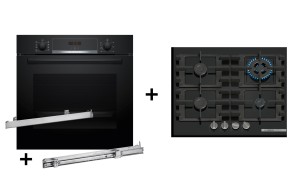Zestaw piekarnik BOSCH HBA514BB3 + prowadnice teleskopowe BOSCH HEZ538000 + płyta gazowa BOSCH PNH6B6K40