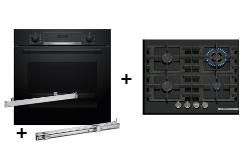 Zestaw piekarnik BOSCH HBA514BB3 + prowadnice teleskopowe BOSCH HEZ538000 + płyta gazowa BOSCH PNH6B6K40 - 2801621