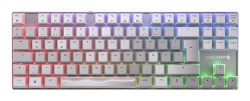 CHERRY MX 8.2 - XAGA Edition - Klawiatura - 80% - TKL - Podświetlenie - Bezprzewodowe - Bluetooth 5.2, 2.4 GHz, USB-C - QWERTZ - Niemiecki - Przełącznik kluczykowy: CHERRY MX2A Niebieski - Biały - 2808757