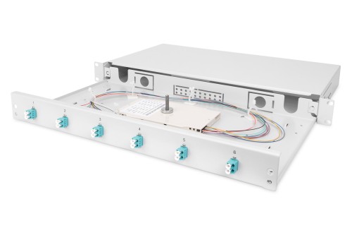 Panel krosowy FO z wyposażeniem 19'' 1U, 6x LC dx, OM3, pigtaile, adaptery, tacki, wysuwany, szary - 2809605