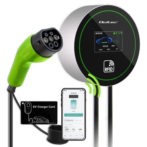 Qoltec Stacja ładowania EV 2w1 Typ2 | 22kW | Wi-fi | LCD | 3 fazy | Wallbox | Smart life app | RFID | 5m