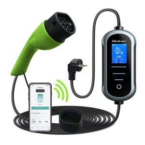 Qoltec Mobilna ładowarka do samochodu elektrycznego EV z regulacją 2w1 Typ2 | 3.5kW | 230V | SCHUKO 16A | Wi-fi | TUYA | SMART LIFE | LCD | Przenośna | 5m (52435)