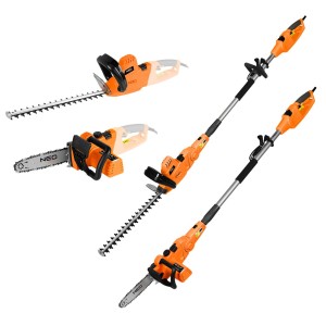 Urządzenie ogrodowe 2w1 z wysięgnikiem: pilarka łańcuchowa 750W 250mm + nożyce do żywopłotu 550W 460mm