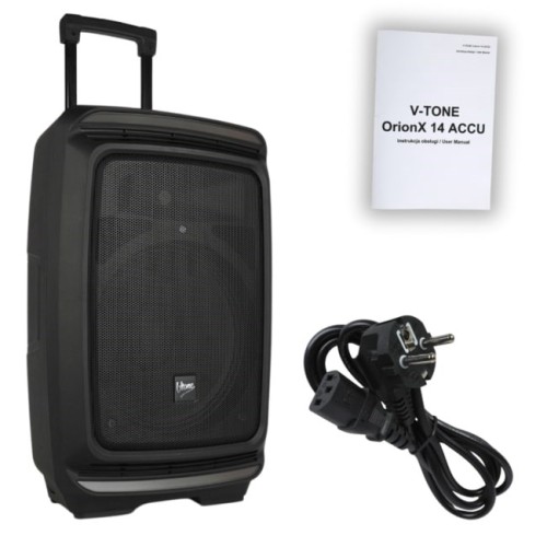 V-TONE OrionX 14 ACCU - Kolumna aktywna akumulatorowa czarna, Bluetooth, TWS, USB, AUX, FM, DSP, wysuwana rączka, kółka transportowe, 135W RMS - 2818045