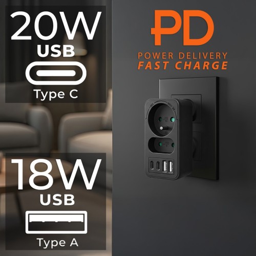 MACLEAN GNIAZDKO PRĄDOWE X2 + 4XUSB, ROZGAŁĘŹNIK Z 2 GNIAZDAMI, 2XUSB A, 2XUSB C PD 20W, 1X16A + 1X6A MCE249 F/B - 2835006