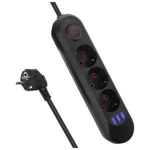 MACLEAN LISTWA ZASILAJĄCA, PRZEDŁUŻACZ 3 GNIAZDA + 3XUSB, 110-240V AC 50/60HZ, 2.1A MAX 2500W, 1,5M, CZARNA MCE394 B