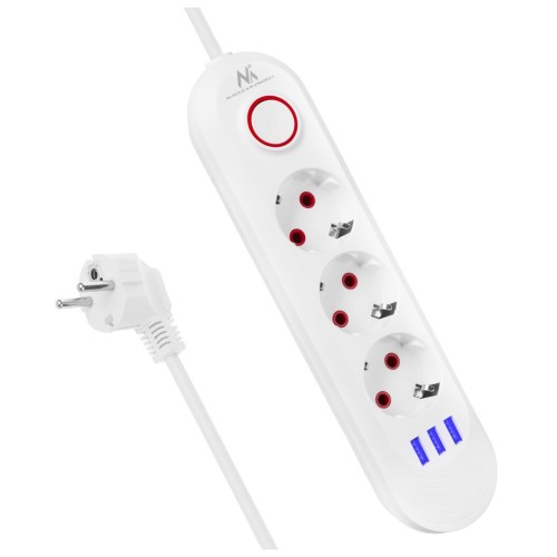 MACLEAN LISTWA ZASILAJĄCA, PRZEDŁUŻACZ 3 GNIAZDA + 3XUSB, 110-240V AC 50/60HZ, 2.1A MAX 2500W, 1,5M, BIAŁA MCE394 W - 2835203