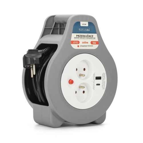 MONTIS PRZEDŁUŻACZ DOMOWY ZWIJANY Z DWOMA GNIAZDAMI USB TYPU A+C 10M SZARY MT188 - 2894361