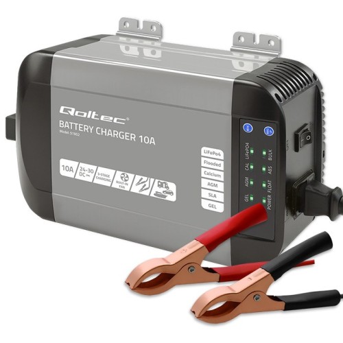 Qoltec Inteligentna ładowarka Monolith do akumulatorów LiFePO4 AGM GEL SLA | 10A | 24V - 2694797