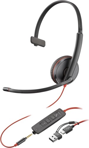 POLY Jednouszny zestaw słuchawkowy USB-C Blackwire 3215 + wtyczka 3,5 mm + przejściówka USB-C/A (opakowanie zbiorcze) - 2062429