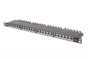Panel krosowy high density 19'' 24x RJ45, LSA poziom, kat.6A, ekranowany, 0.5U, czarny, prowadnica kabli
