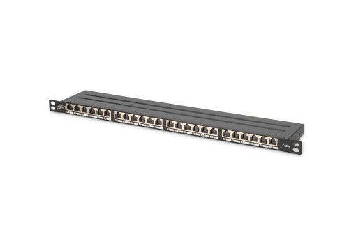 Panel krosowy high density 19'' 24x RJ45, LSA poziom, kat.6A, ekranowany, 0.5U, czarny, prowadnica kabli - 2809596