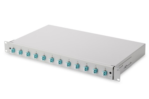 Panel krosowy FO z wyposażeniem 19'' 1U, 12x LC dx, OM3, pigtaile, adaptery, tacki, wysuwany, szary - 2809604