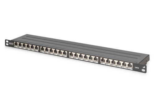 Panel krosowy high density 19'' 24x RJ45, LSA poziom, kat.6, ekranowany, 0.5U, czarny, prowadnica kabli - 2809597