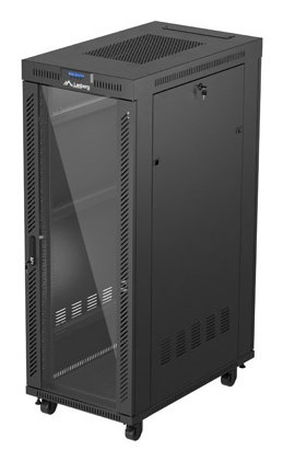 Szafa instalacyjna rack stojąca 19" 32U 600x1000 czarna drzwi przeszklone LCD Lanberg (flat pack) - 2465466