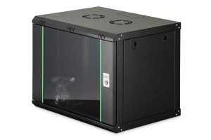 Szafa sieciowa wisząca DYNAmic 19" 9U rack 600x450, drzwi szyba, czarny, niedzielona, złożona, 60kg