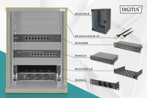 Zestaw sieciowy 10 cali: szafa wisząca 9U, półka, listwa zasilająca, 8-port switch, panel kat.6, czarny - 2809706