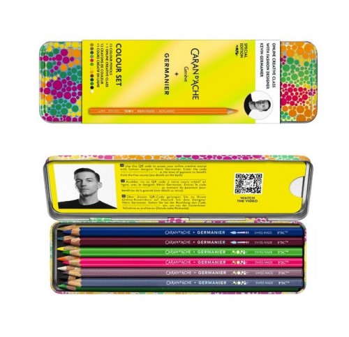 CARAN D'ACHE Kredki Germanier, 13 unikatowych kredek z drewna cedrowego w neonowych, metalicznych i akwarelowych kolorach, w holograficznym etui wraz z dostępem do ekskluzywnych warsztatów online z pr - 2909436