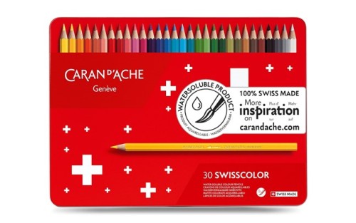 CARAN D'ACHE Kredki Swisscolor Aquarelle, 30 szwajcarskich kredek akwarelowych, z możliwością malowania na sucho lub mokro, w czerwonym pudełku. - 2909586