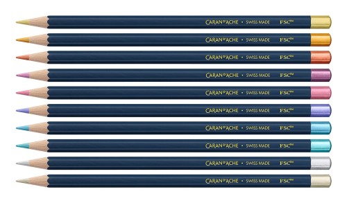 CARAN D'ACHE Kredki Cosmic Blue, 10 metalicznych kredek z drewna cedrowego w gwieździstym pudełku. - 2909589