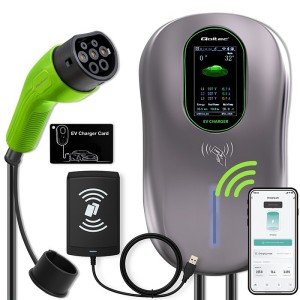 Qoltec Stacja ładowania EV Typ2 do samochodu elektrycznego i hybryd | 22kW | LCD | 2 Karty EV | 3 fazy | Wallbox | Hotel system | 5m