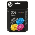 HP Podwójny zestaw trójkolorowych/czarnych tuszów 308 - 2918424