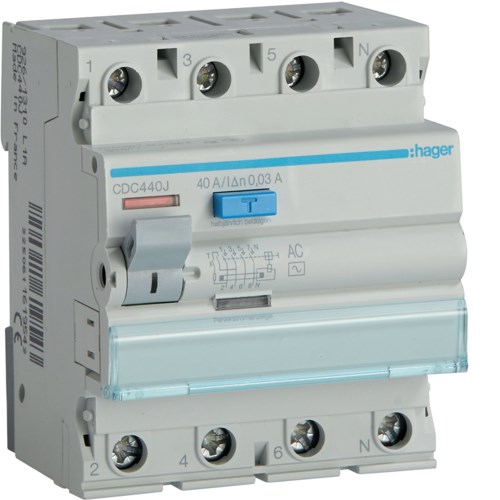 Wyłącznik różnicowoprądowy Hager CDC440J 3P+N 40A 30mA 6kA typ AC - 2416109