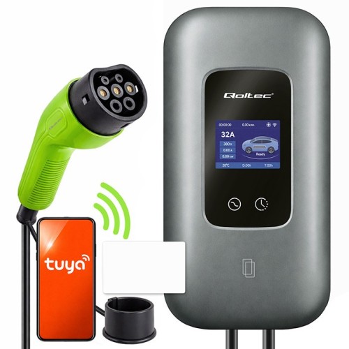Qoltec Stacja ładowania EV Typ2 do samochodu elektrycznego i hybryd |  3 fazy | 22kW | 32A | Wi-fi | LCD | RFID | Smart life | TUYA | Wallbox | 5m - 2949903