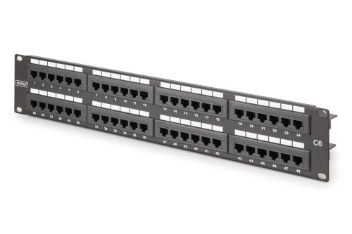 Digitus Panel krosowy (patch panel) 19'' 48x RJ45, LSA pion, kat.6, nieekranowany, 2U, czarny, prowadnica kabli, pola opisowe - 2937409