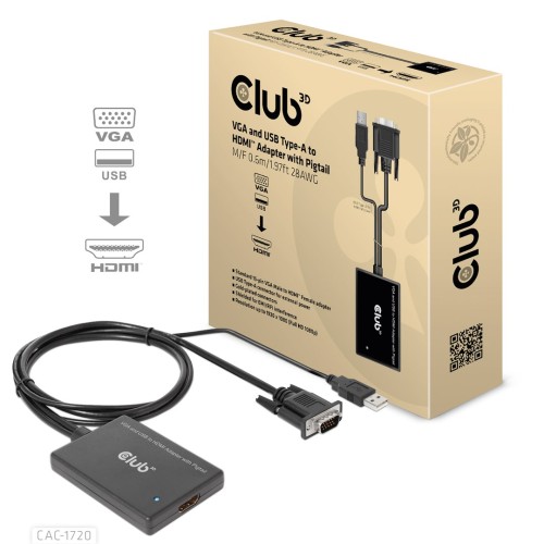 CLUB3D CAC-1720 adapter kablowy 0,6 m HDMI Typu A (Standard) VGA (D-Sub) + USB Czarny - 2926024