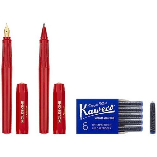 Moleskine x Kaweco: Zestaw Pióro wieczne M, długopis, 6 niebieskich nabojów i etui. Niebieski tusz i atrament do pióra. Kolor Zestawu czerwony. - 2961921