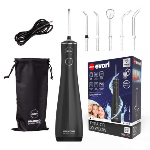 ELDOM IRYGATOR RY200C 230 ML BEZPRZEWODOWY, CZAS PRCY 60 MIN. CZAS ŁADOWANIA OK. 6 H ,ETUI PODRÓŻNE, PRZEWÓD USB, IPX7 CZARNY - 2995696