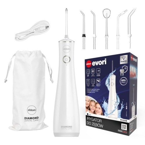 ELDOM IRYGATOR RY200B 230 ML AKUMULATOROWY,BIAŁY, CZAS PRACY 60 MIN. CZAS ŁADOWANIA OK. 6 H, IPX7, ETUI PODRÓŻNE, PRZEWÓD USB - 2995692