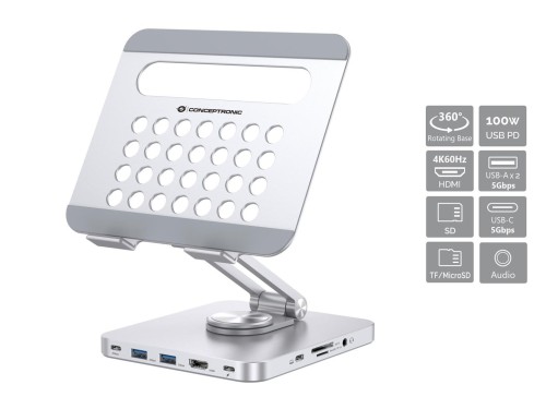 Uchwyt na tablet CONCEPTRONIC ze stacją dokującą 8 w 1 srebrny - 2986201