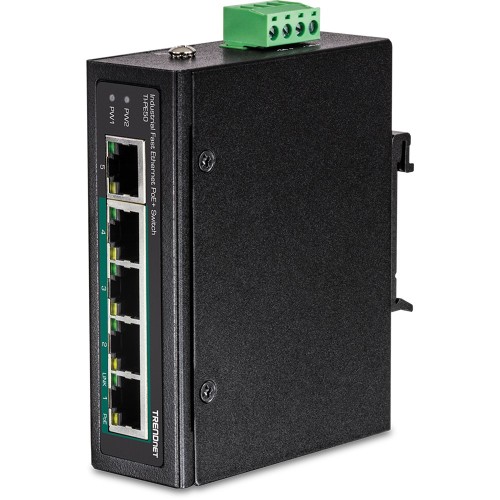 Switch TRENDnet TI-PE50 - niezarządzalny - 4 x 10/100 (PoE+) + 1 x 10/100 - możliwość montażu na szynie DIN, montaż na ścianie - PoE+ (90 W) - DC - 3034499