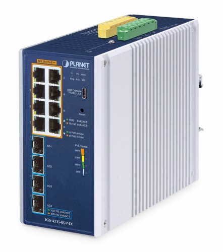 PLANET IP30 Industrial L2/L4 8-Port Zarządzany L2/L4 Gigabit Ethernet (10/100/1000) Aluminium, Niebieski - 3034529