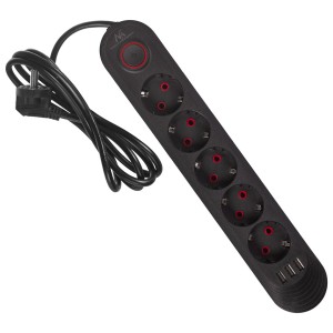MACLEAN LISTWA ZASILAJĄCA, PRZEDŁUŻACZ5 GNIAZD + 3XUSB, 110-240V AC 50/60HZ, 2.1A MAX 2500W, 1,5M, CZARNA MCE395 B