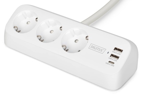 Digitus 3-drożna biurowa listwa zasilająca z 2 złączami USB-A i 1 złączem USB-C, biała - 2928376