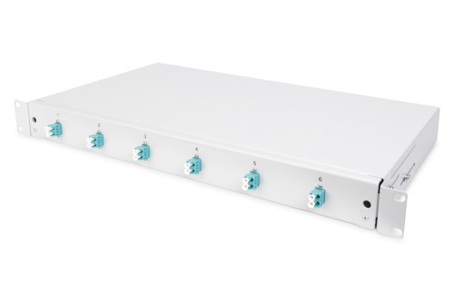 Panel krosowy FO z wyposażeniem 19'' 1U, 6x LC dx, OM3, pigtaile, adaptery, tacki, wysuwany, szary - 2809605