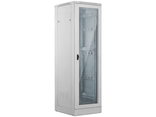 Szafa 24U 600x600, drzwi przednie szklane, drzwi tylne metalowe pełne, zamek, 4 belki nośne, cokół w zestawie, do samodzielnego montażu, kolor szary, ALANTEC - 3059137