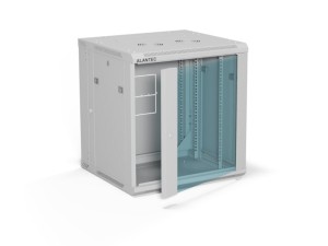 Szafa wisząca 19" 12U 600x600, dwusekcyjna, drzwi szklane jednoskrzydłowe, tył osłona pełna demontowalna, osłony boczne pełne demontowalne zamykane na klucz, 4 belki, kolor szary, do samodzielnego mon