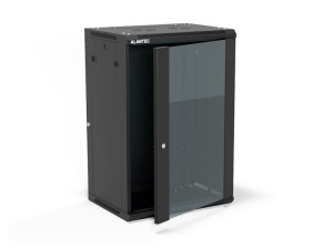 Szafa wisząca 19" 18U 600x450, (opcja dwusekcyjna) drzwi szklane jednoskrzydłowe, tył osłona pełna demontowalna, osłony boczne pełne demontowalne zamykane na klucz, 4 belki, kolor czarny, do samodziel