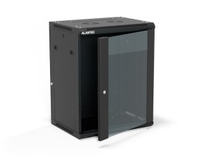 Szafa wisząca 19" 15U 600x450, (opcja dwusekcyjna) drzwi szklane jednoskrzydłowe, tył osłona pełna demontowalna, osłony boczne pełne demontowalne zamykane na klucz, 4 belki, kolor czarny, do samodziel