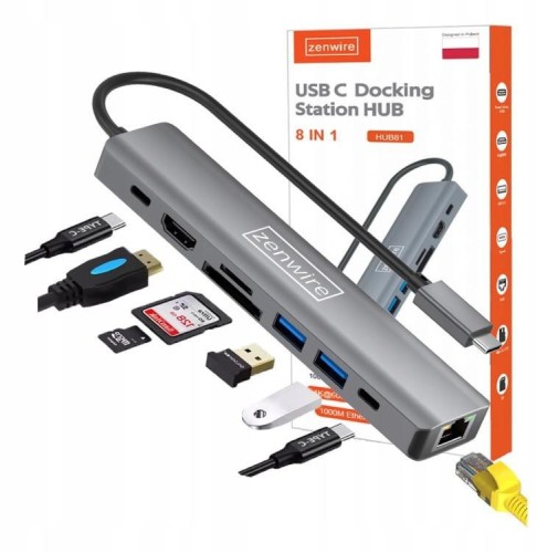 HUB USB-C Przejściówka ADAPTER 8w1 HDMI 2.0 4K 60 Hz Gigabit Ethernet 1000 Mbps Zenwire HUB81 - 3059663
