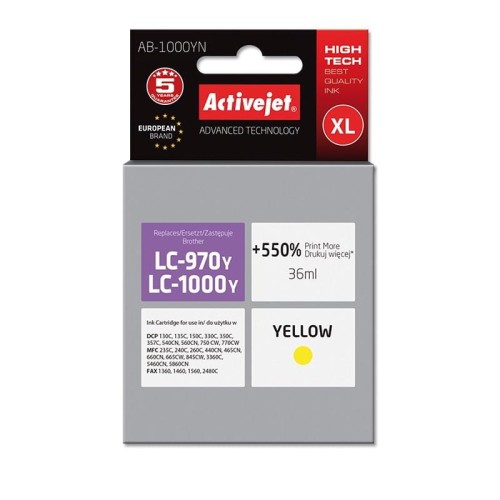 Activejet AB-1000YN Tusz (zamiennik Brother LC1000Y/970Y; Supreme; 35 ml; żółty). Drukuje więcej o 550%.801264