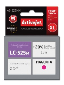 Activejet AB-525MN Tusz  (zamiennik Brother LC525M; Supreme; 15 ml; czerwony). Drukuje więcej o 20%.względem OEM.