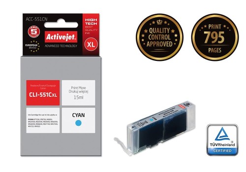 Tusz Activejet ACC-551CN (zamiennik Canon CLI-551C; Supreme; 15 ml; niebieski) - 801448